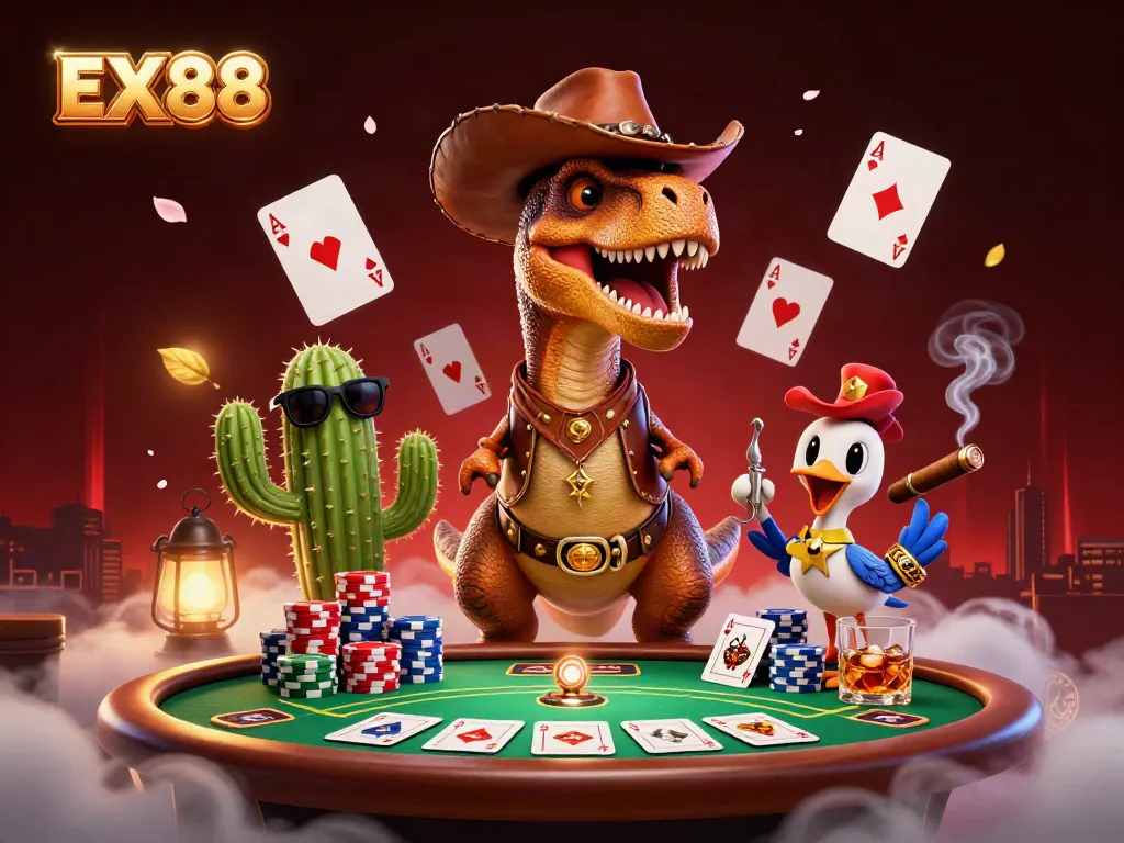 Engage in thrilling poker action with EX88 featuring a cartoon T-Rex, cactus, and roadrunner in a vibrant casino scene.