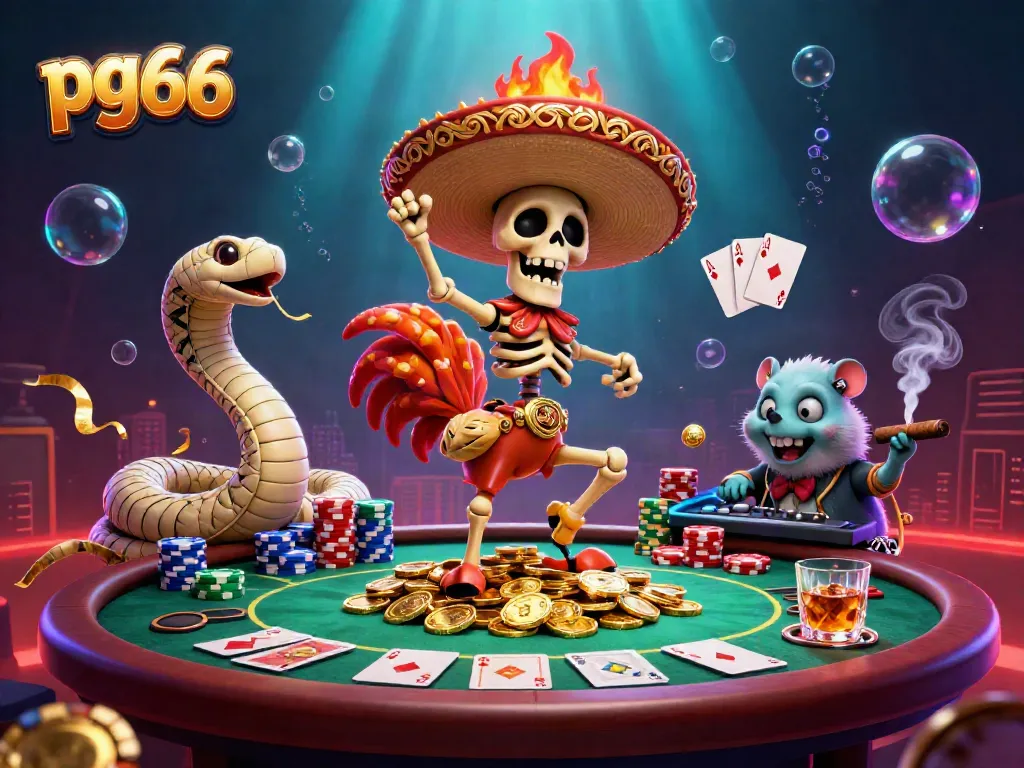 Experience thrilling victories at pg66 as characters celebrate on a pile of gold coins, showcasing vibrant gambling action.