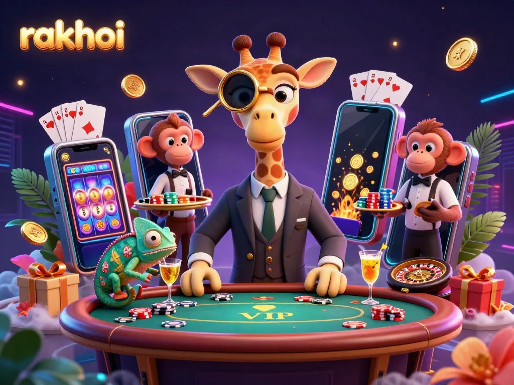 Join the action with rakhoi, where a giraffe high-roller and friends enjoy a vibrant casino scene filled with games.