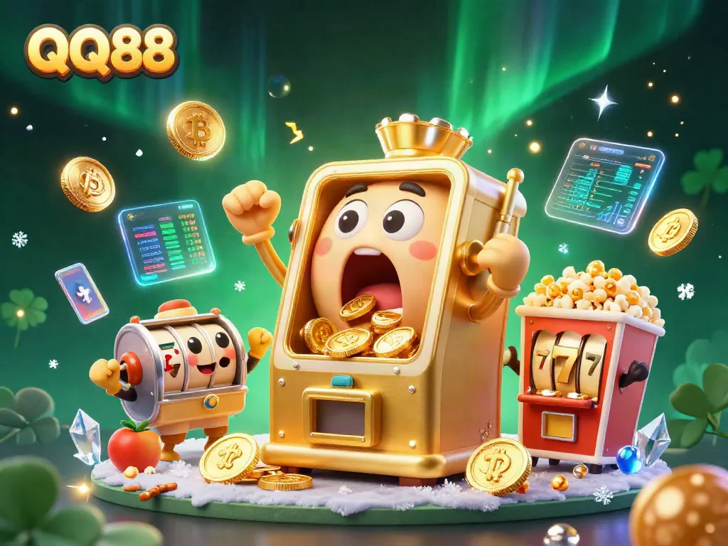Play slots with QQ88's thrilling jackpot experience surrounded by cheers and crypto excitement.