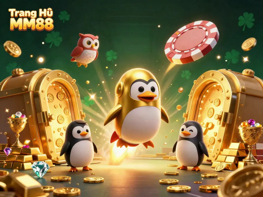 Experience the excitement of Trang Chủ MM88 with a dazzling casino-themed 3D illustration featuring golden treasures and adventurous characters.