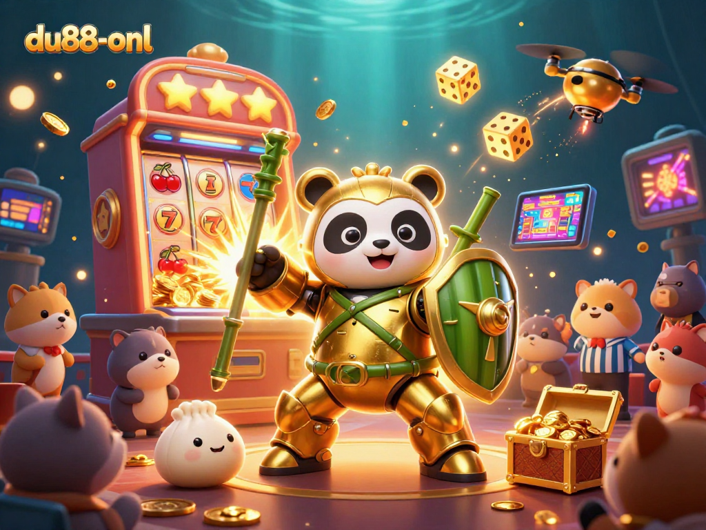 Experience exciting gaming at du88-onl with a vibrant 3D illustration of a golden panda and casino elements.