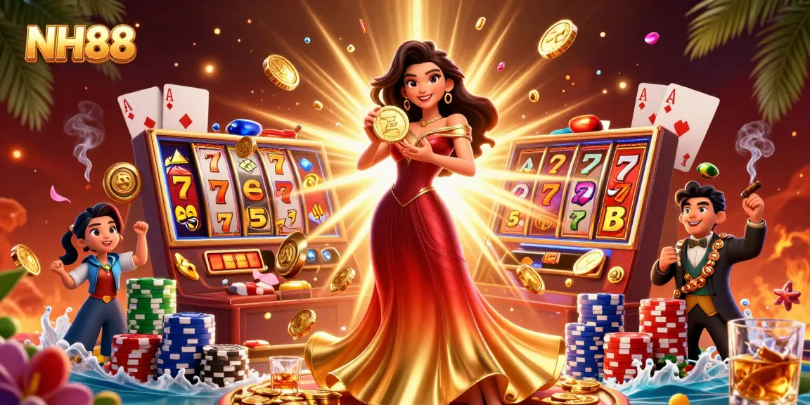 Experience the excitement of NH88 with a stunning casino scene featuring a gorgeous woman, golden coins, and vibrant slots.