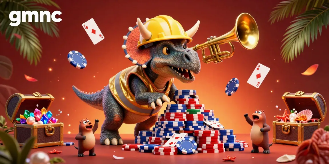 Watch gmnc’s colorful 3D cartoon scene where characters cheer at a poker chip pyramid amidst vibrant casino elements.