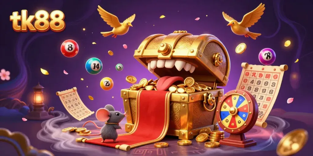 Experience the excitement of tk88 with a vibrant 3D treasure chest and casino-themed elements.