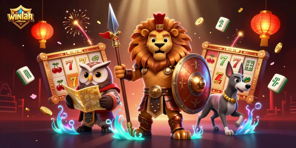 Bet on winlah-official with the Spartan lion and gaming elements in a bustling casino scene.