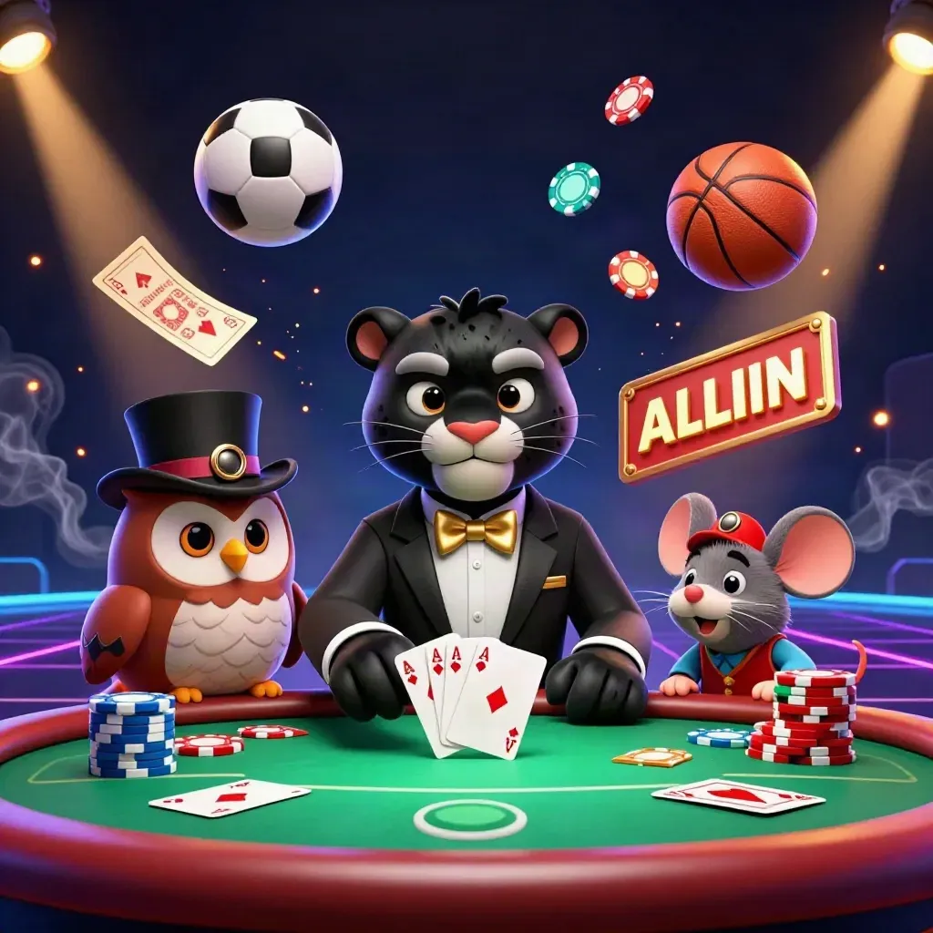 Panther, owl and mouse at a poker table as balls and chips explode in neon casino light