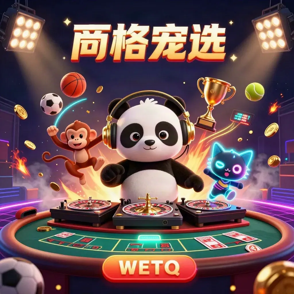 DJ panda, dancing monkey and rave kitten amid casino lights, coins, trophy and sports balls.