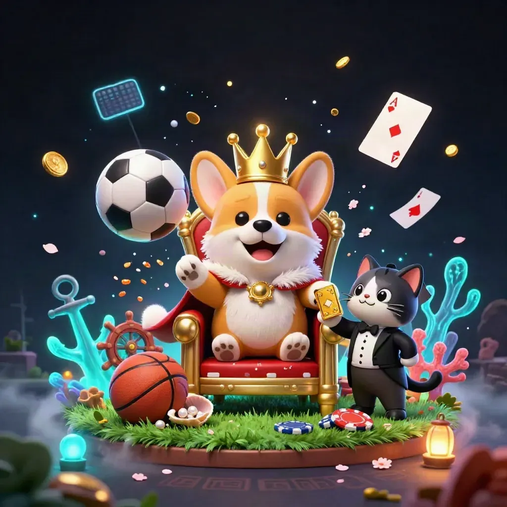 Crowned corgi and cat butler amid flying soccer and basketball in a gold casino treasure cove.