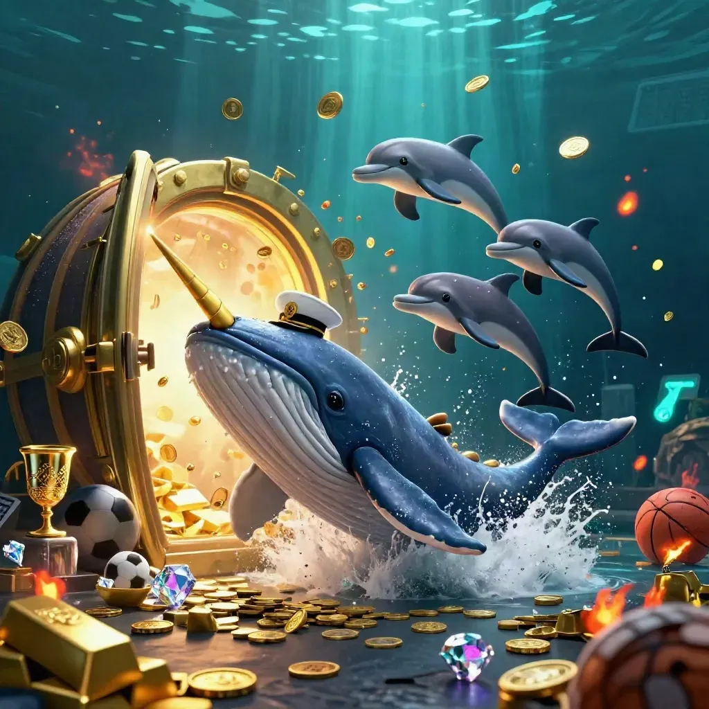 Whale captain, narwhal, and dolphins burst through coins, treasure, and casino props underwater.