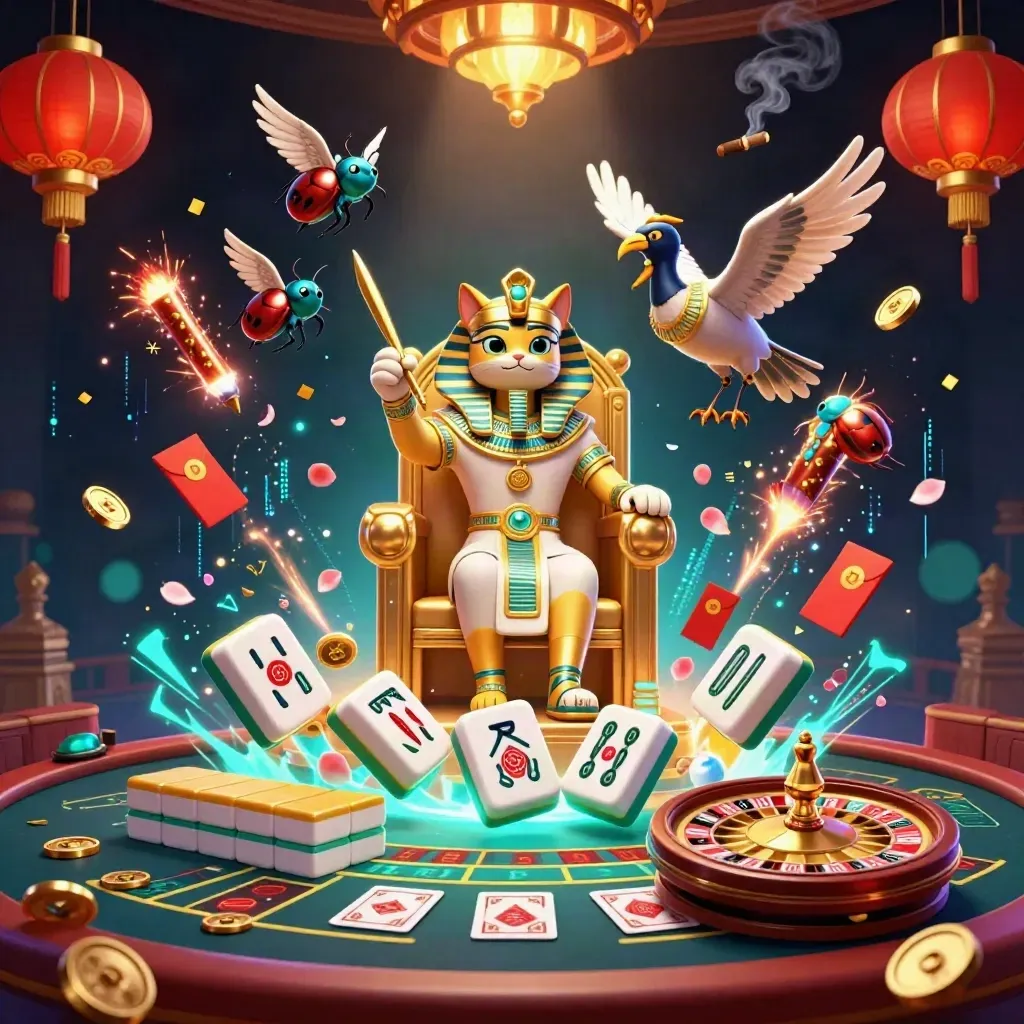 Pharaoh cat, ibis scribe, and gem-winged scarabs in a luxe neon casino scene.