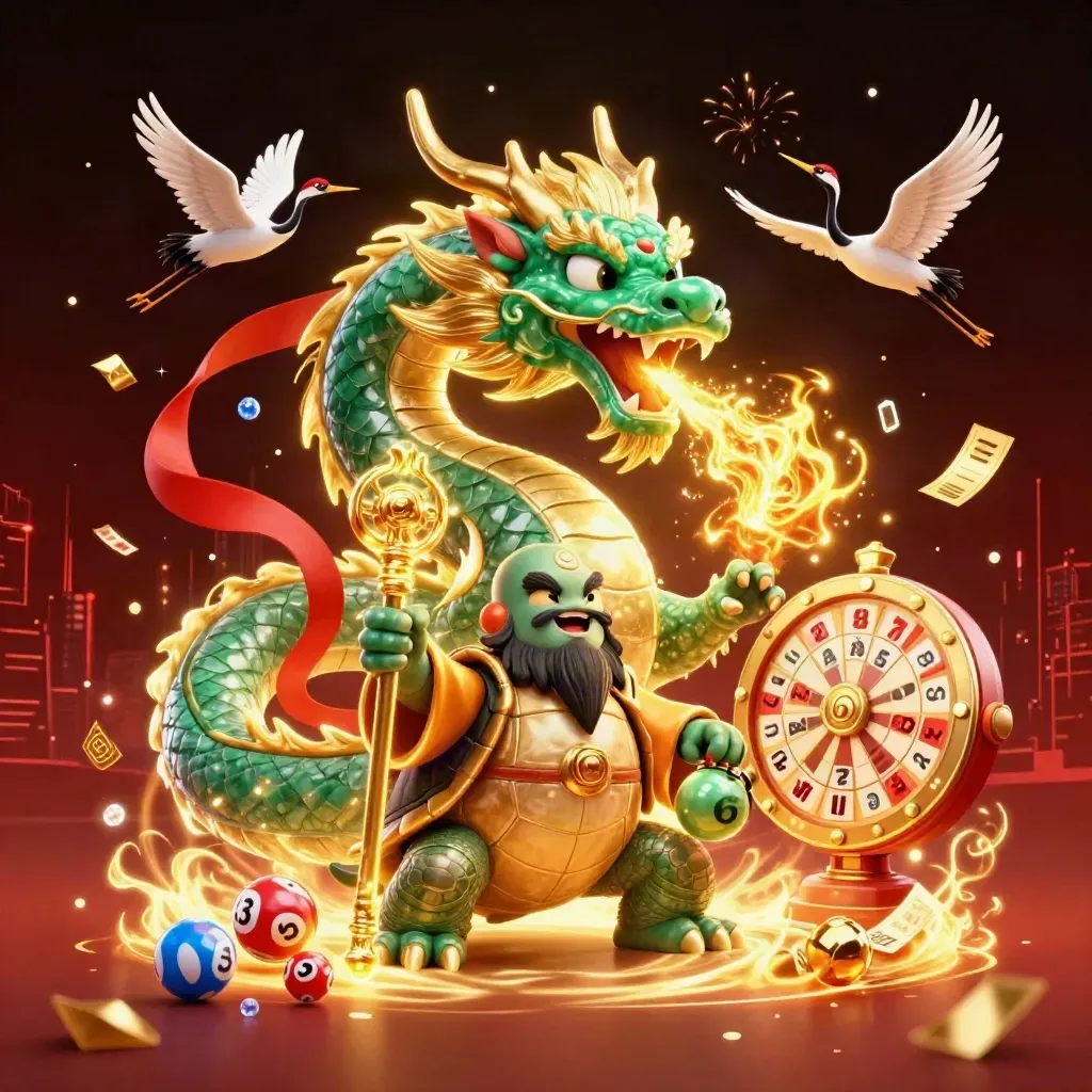 Emerald dragon, turtle sage and cranes amid neon gold fire, gems, confetti and casino lights