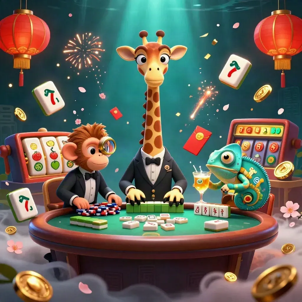 Teal-lit casino scene with a giraffe, monkey, and chameleon amid poker chips and glowing treasure.
