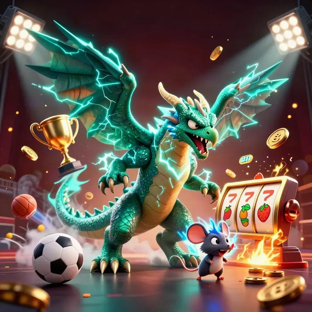 Thunder dragon, wind hawk, and mouse amid casino props, lightning, coins, and sports balls.