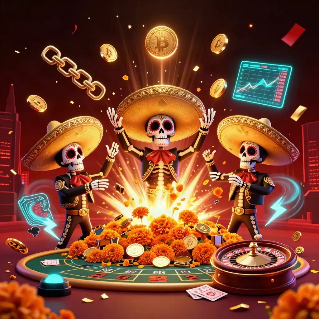 Skeleton mariachi trio bursts from a vault with gold coins, neon tech effects and fireworks