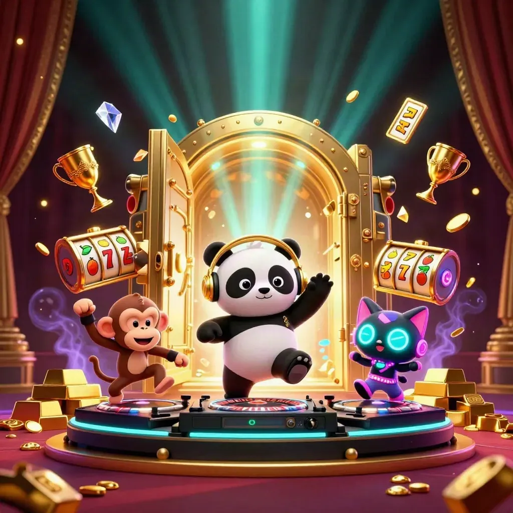 Panda DJ, breakdancing monkey and rave kitten amid a gold vault, reels and teal casino glow.