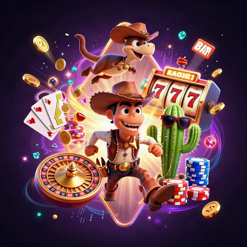 Cowboy T-Rex, cactus sidekick, and sheriff roadrunner amid casino coins, cards, chips, and glowing reels.