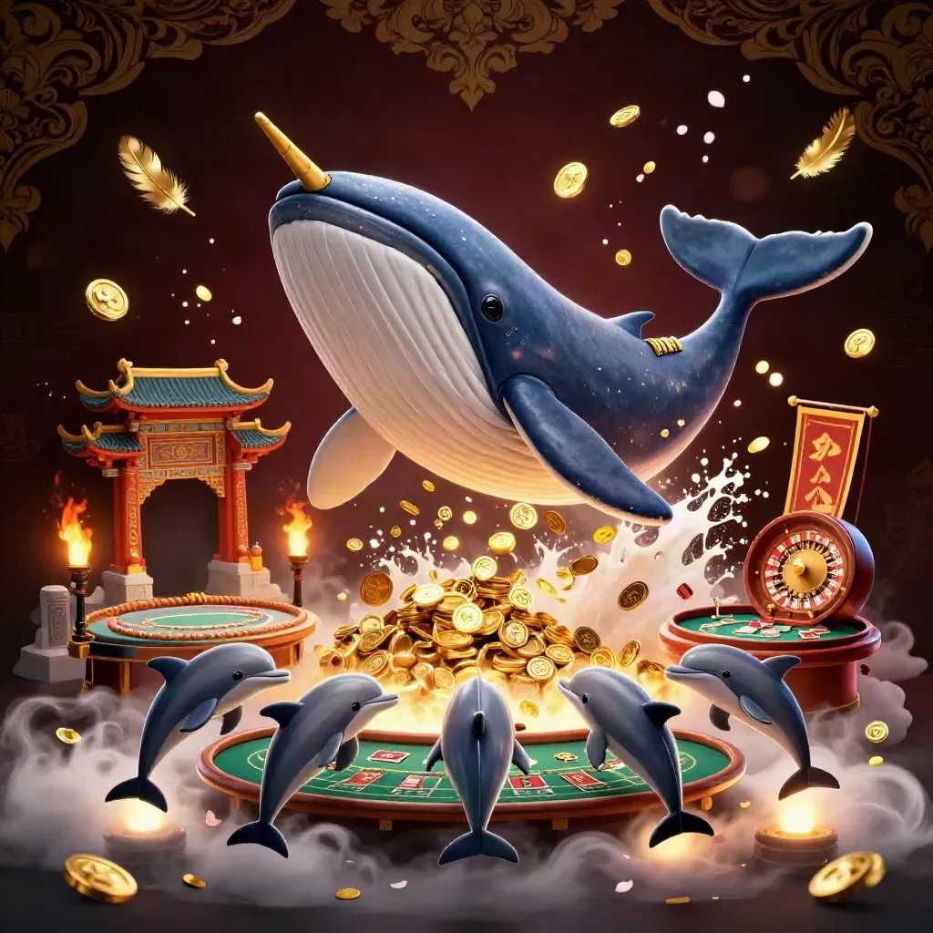 Whale captain, narwhal, and dolphins amid gold coins, neon casino relics, and dark luxe lighting.