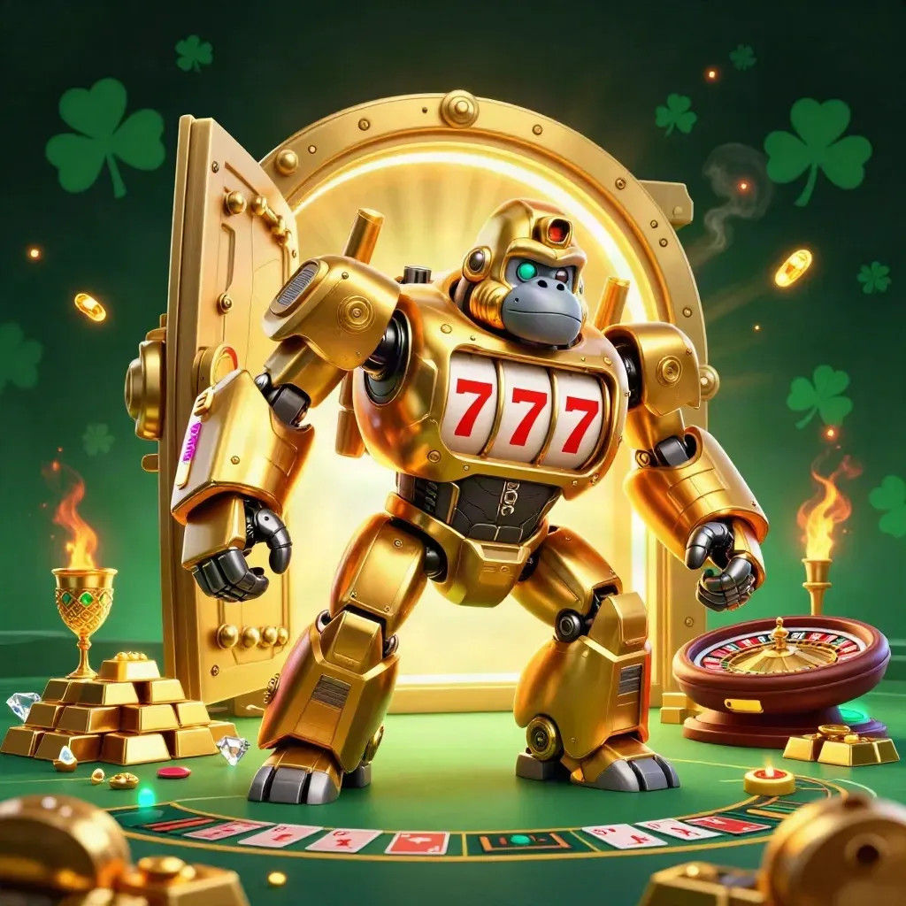 Golden gorilla mech with tiny monkey pilot amid vault light, reels, coins, and casino sparks.