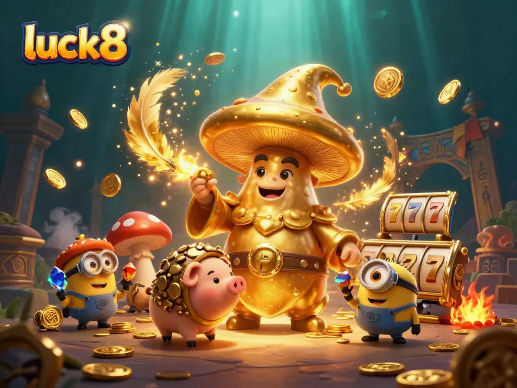 Experience the thrill of luck8 with golden treasures and epic gaming magic in this vibrant illustration.
