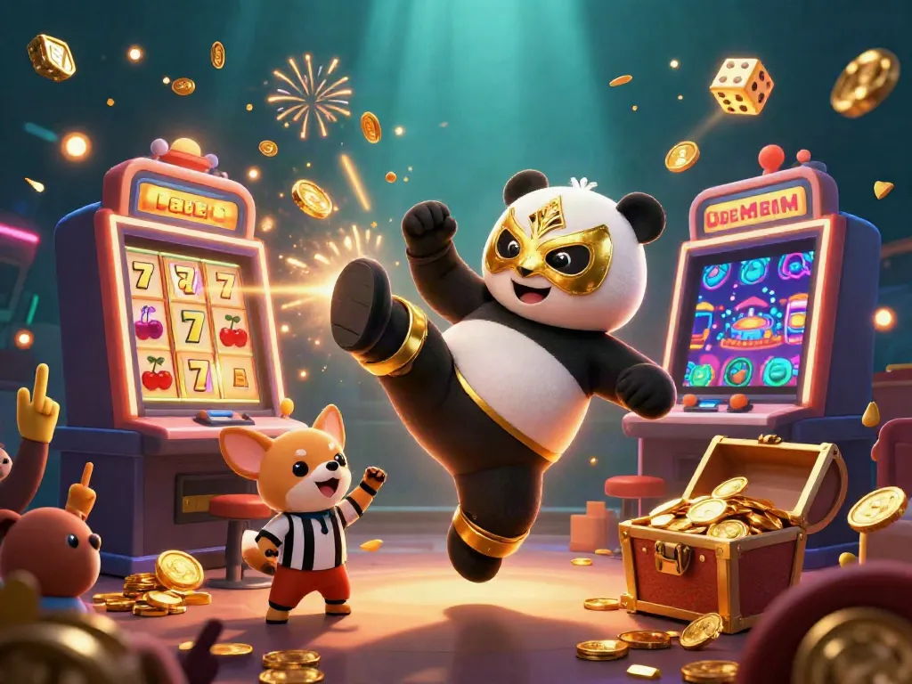 Experience the thrill of jambitoto with a joyous panda wrestler, slot machine, and enthusiastic animal fans.