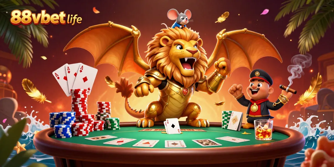 Chơi bài tại 88vbet life với sinh vật kỳ diệu và các yếu tố poker, tạo không gian hấp dẫn.