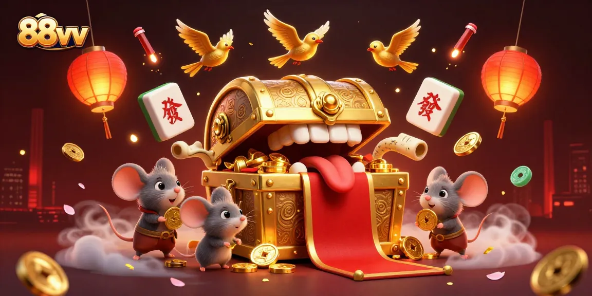 Engage in the vibrant 88vv casino with a mystical 3D treasure chest luring adventurers amidst colorful gaming elements.