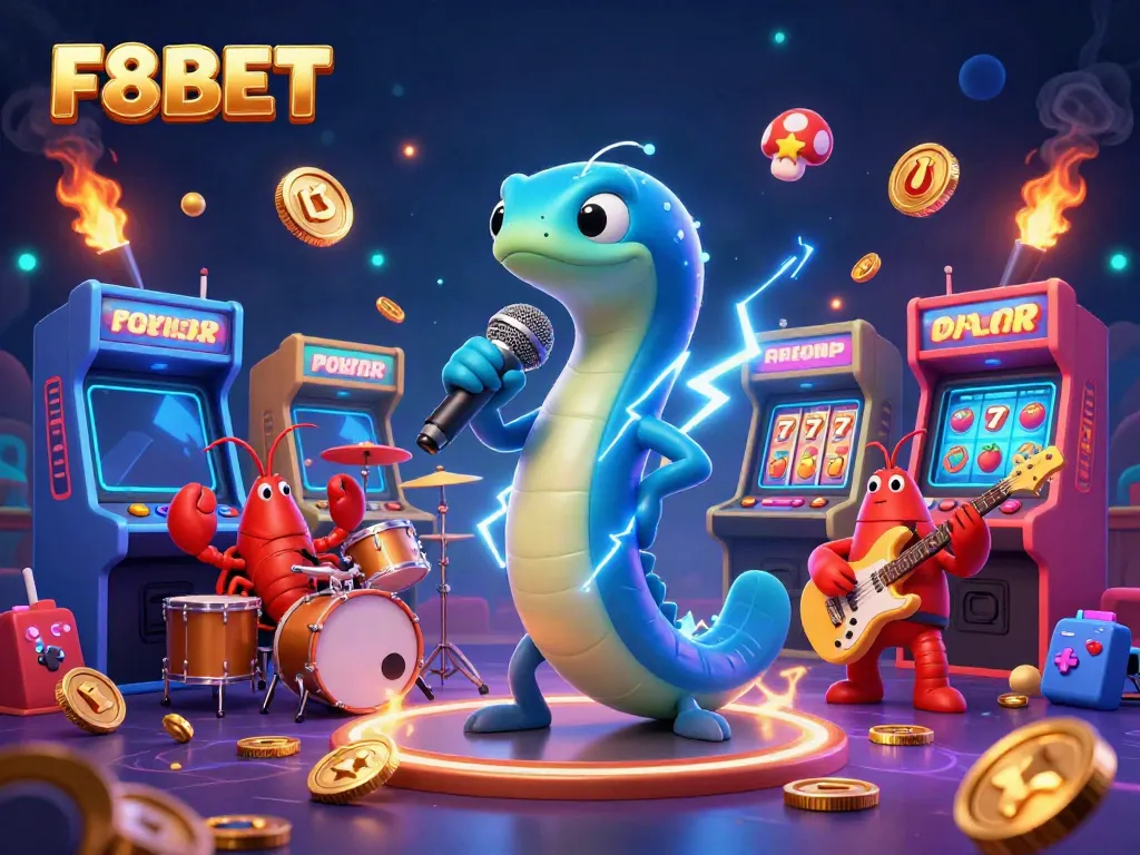 Engage with F8BET's electrifying underwater casino performance featuring an eel DJ and vibrant game elements.