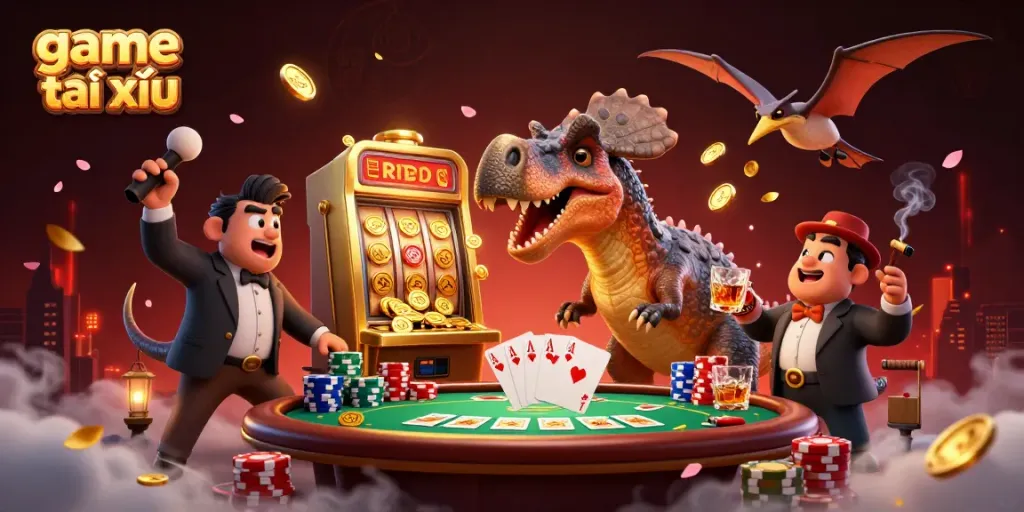 Experience game tài xỉu excitement as a pachycephalosaurus strikes a jackpot slot machine in a dynamic casino scene.