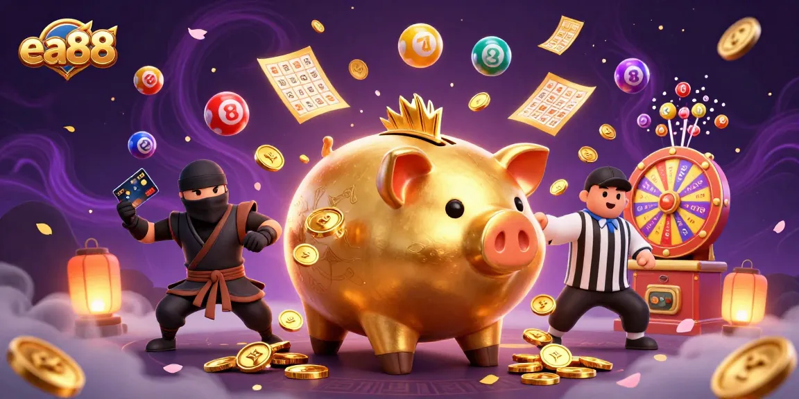 Experience fun gaming thrills at ea88 with a lively 3D piggy bank wrestler and vibrant casino elements.