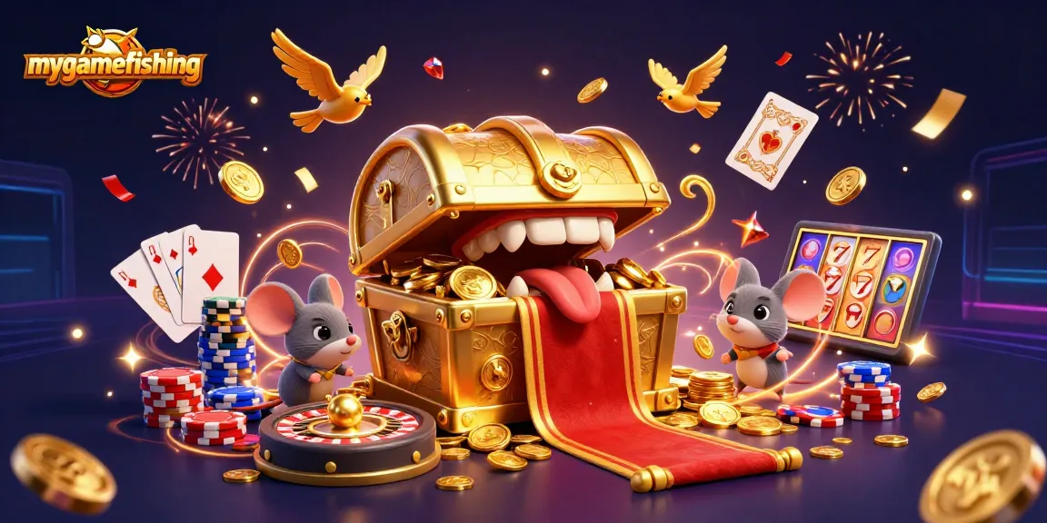 Experience thrilling wins with mygamefishing's vivid 3D casino arcade scene filled with treasures and excitement.
