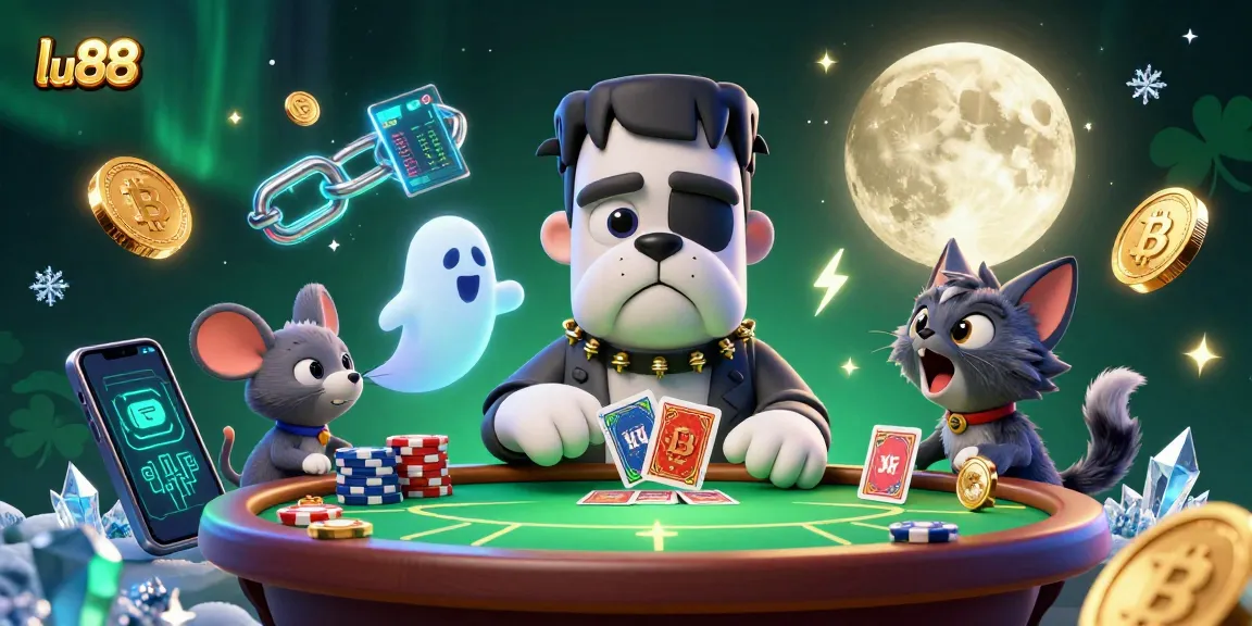 lu88's engaging poker scene with a unique 3D cartoon Frankenstein bulldog dealer and thrilling digital elements.