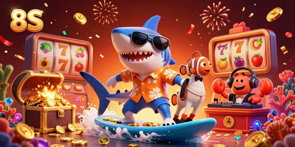 Engage in thrilling slots action with 8S as the shark rides waves of gold coins.