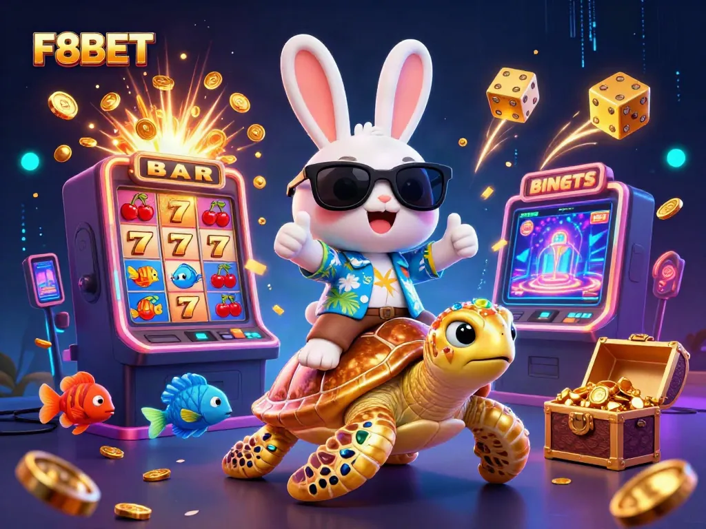 F8BET offers a vibrant 3D casino experience with a lucky rabbit and golden sea turtle amid dazzling gaming elements.