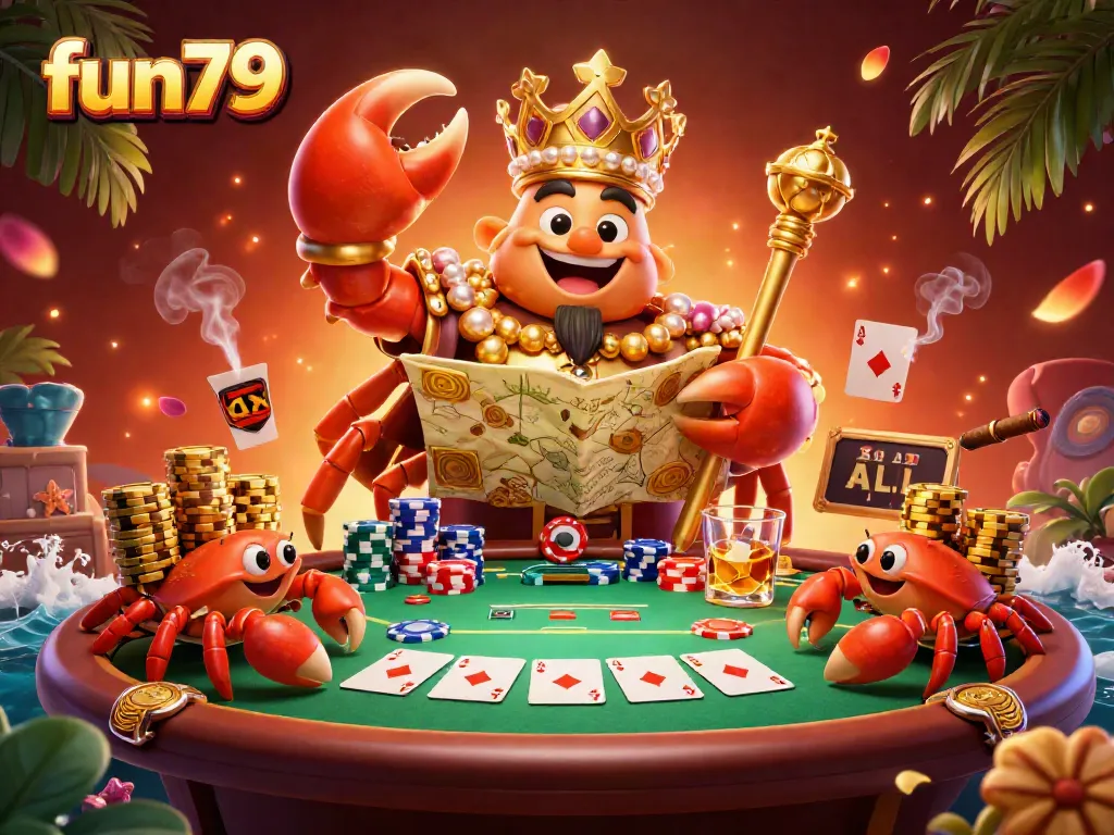 Experience fun79 excitement with a vibrant gaming scene filled with colorful poker tables and a golden crab emperor.