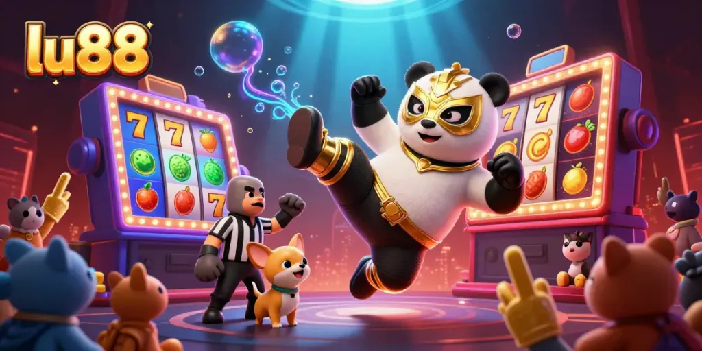 Experience the excitement of lu88 with a colorful casino-themed scene featuring a panda wrestler and a chihuahua referee