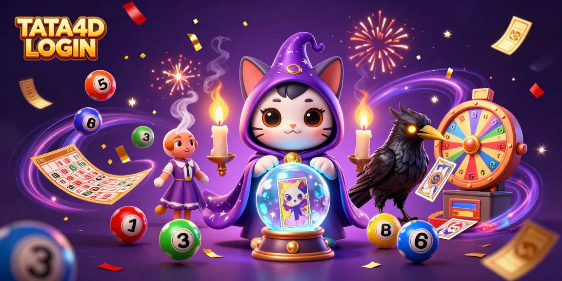 TATA4D LOGIN: Engage with a vibrant scene showcasing a fortune teller cat, a glowing-eyed raven, and lively magical elements of a casino.