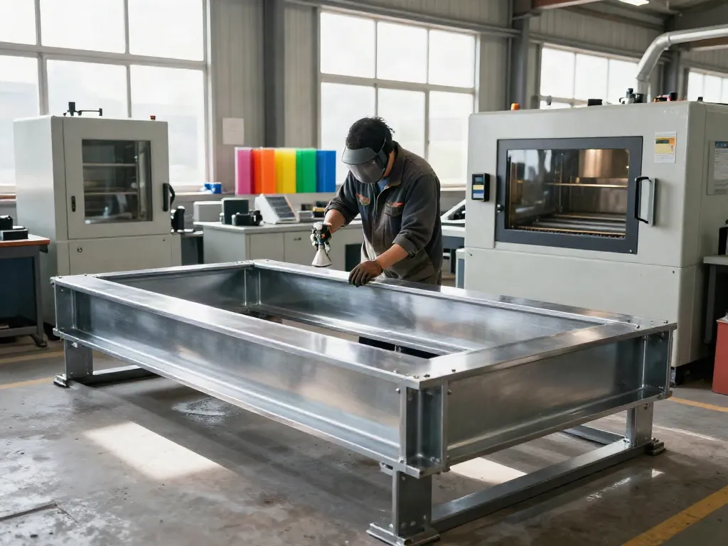 Technician applying powder coating in a modern metal fabrication workshop.