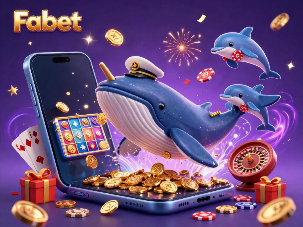 Fabet players experience thrilling slots and games amidst a colorful casino fantasy featuring a cartoon whale and dolphins.