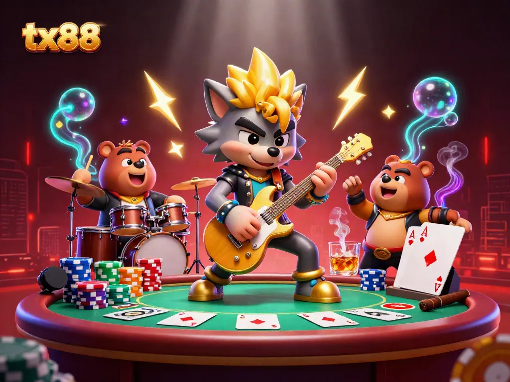 Experience thrilling gameplay at tx88 with vibrant 3D casino scene featuring rock star characters and poker elements.