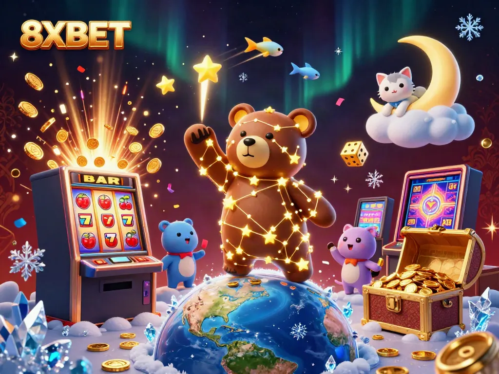 Experience thrilling jackpots with 8XBET's vibrant 3D casino illustration showcasing dynamic gaming elements.