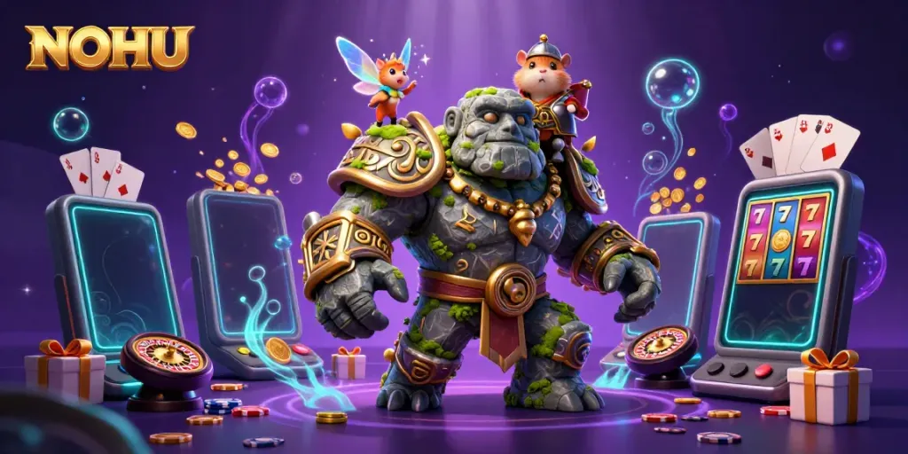 Immerse in the magical casino world with NOHU as characters gather around vibrant slot games and shimmering coins.