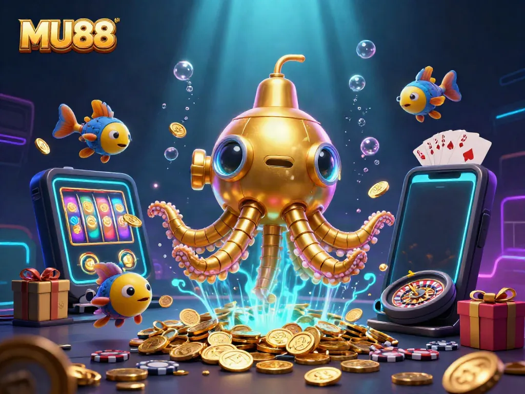 Experience thrilling MU88 slots gameplay featuring the golden kraken submarine and dynamic game elements.
