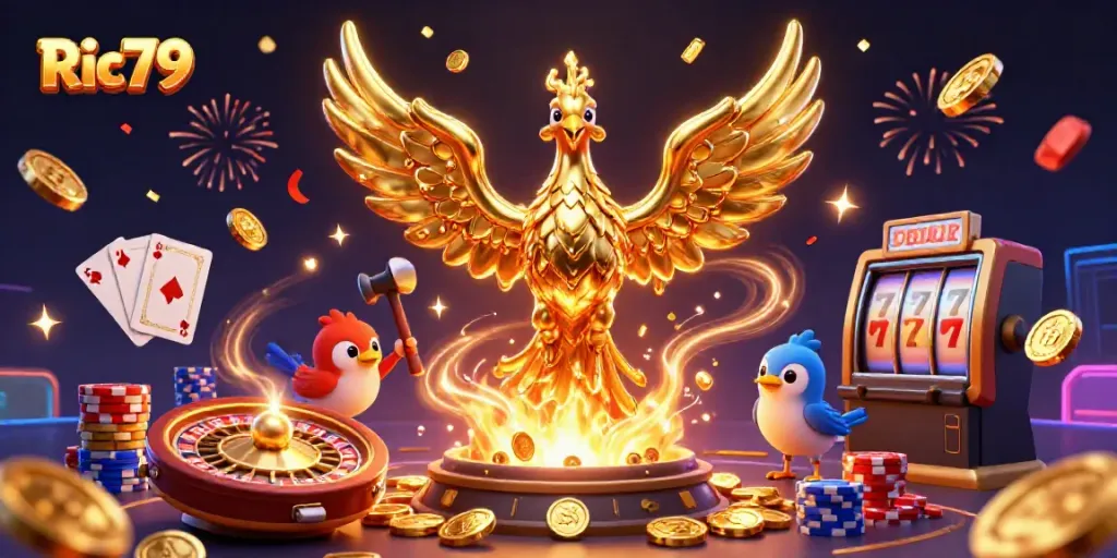 Experience the thrill of Ric79 with a vibrant 3D illustration of casino elements in action.