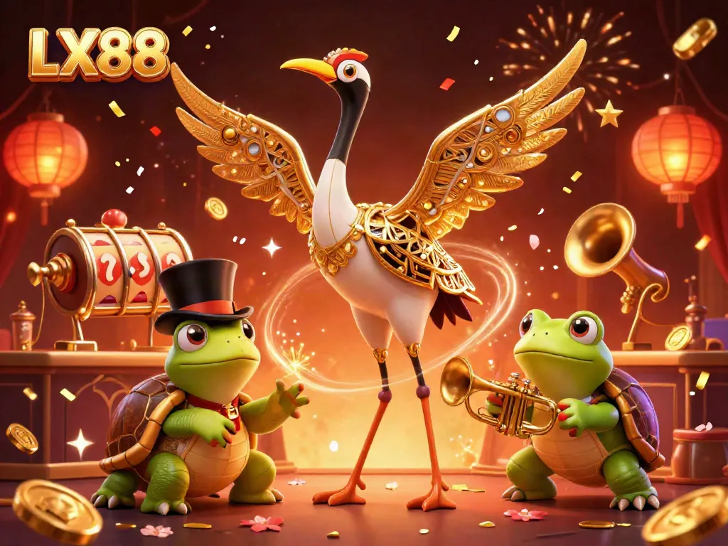 Experience the vibrant world of LX88 with cartoon characters celebrating in a casino atmosphere filled with gold coins and slot reels.