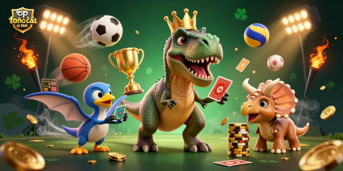 Celebrate top nhà cái uy tín as a colorful dinosaur casino scene reveals thrilling games and golden rewards.