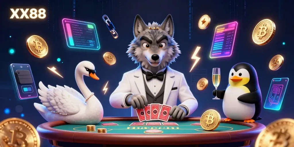 Engage with the lively baccarat scene featuring XX88's debonair characters in 3D casino setting.