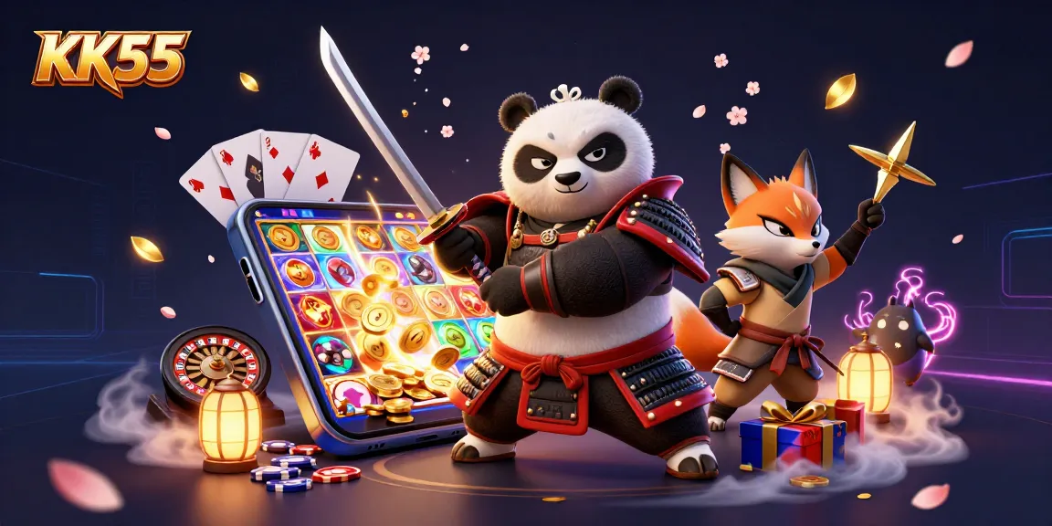 Experience thrilling gaming adventures with KK55's vibrant 3D samurai panda scene featuring dynamic slots and casino elements.