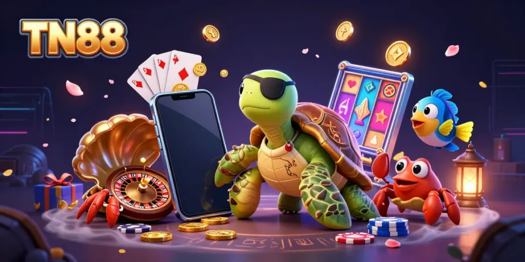 Experience the excitement of TN88 with vibrant casino elements and lively sea creatures.