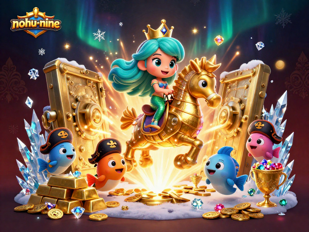 Join the excitement of nohu-nine amidst treasures and playful characters in this vibrant 3D casino scene.